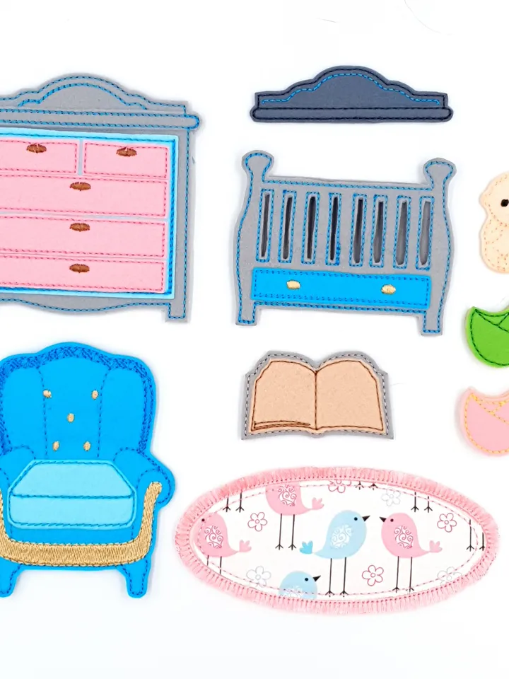 ITH Nursery Furniture Embroidery Design Set, Felt Dollhouse Crib Dresser Armchair Pattern, 5x7 Hoop Digital File