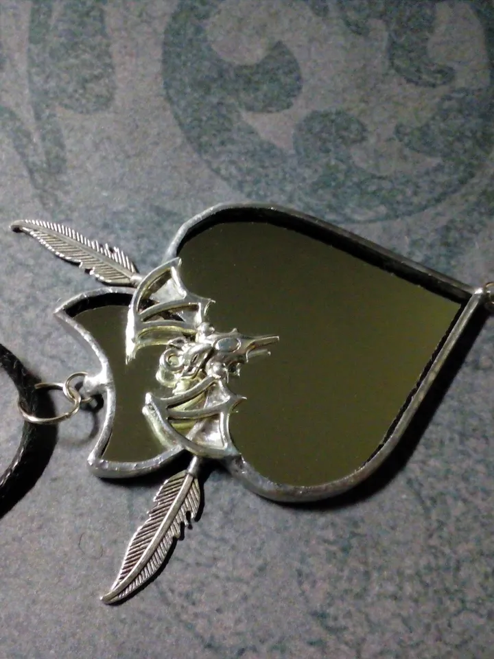 Stained glass scrying mirror, Black goth ornate mirror, Bat mirror, Car hanger, Witch mirror, Heart mirror
