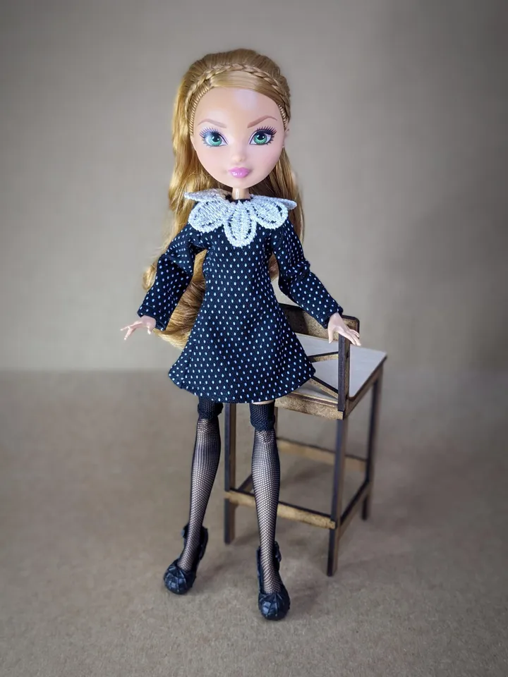 Handmade polka dot black mini dress for 10.5-inch female dolls (MH, EAH)