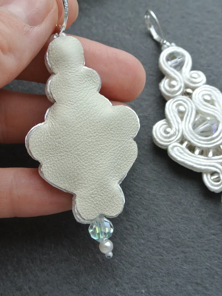 White earrings, bridal earrings, soutache embroidered earrings, beaded earrings