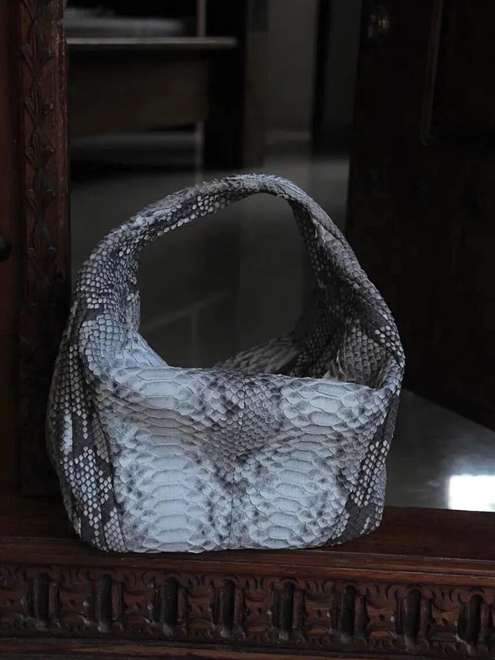 Medium Soft Hobo Classy Sport Woman Stitched Bag | Purse Genuine Python Skin | Dewi Gray Big Elegant Leather Designer Soft Bag Snake |