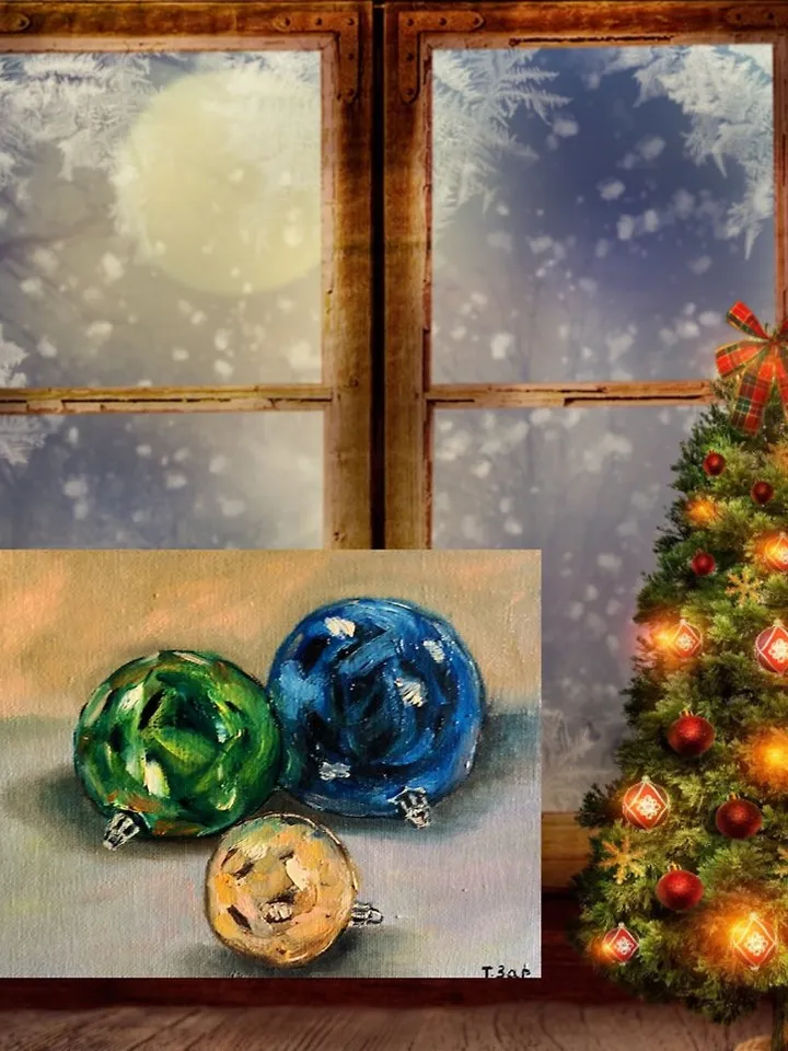 Christmas Decor Picture with Christmas Balls Small Oil Painting 15x20 cm