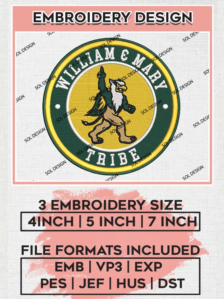 NCAA William Mary Tribe Round Logo Embroidery, NCAA William Mary Tribe Logo Embroidery files, NCAA Teams, Machine embroidery designs, Digital Download
