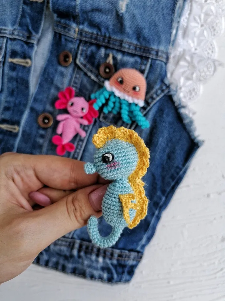 PDF Crochet Sea Brooches SET Pattern: Axolotl Seahorse Jellyfish Crochet Animal Pattern Small Crochet Pattern Brooch Amigurumi Easy Pattern