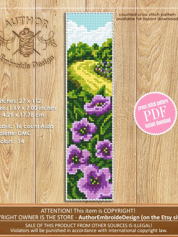 Flower bookmark cross stitch pattern download PDF Modern handmade bookmark digital PDF Nature landscape cross stitch Nature lover gift #B66