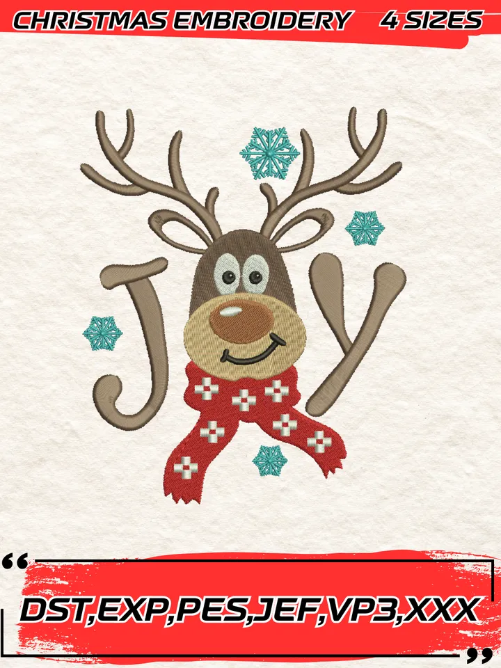 Joy Reindeer Embroidery Design,Christmas Embroidery Design,4 Sizes, Digital Download