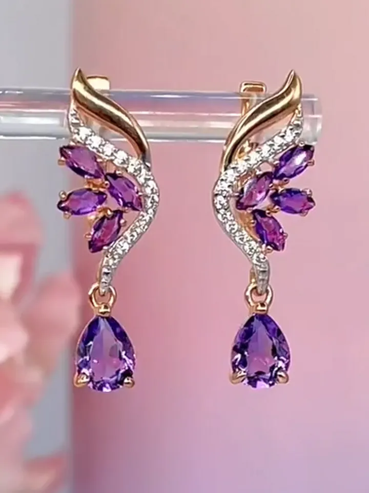 Earrings with natural amethyst and cubic zirconia made of 925 silver
