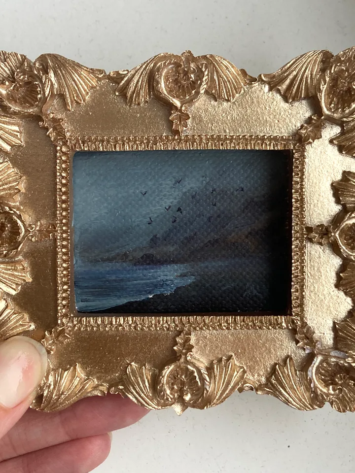 Small Landscape Oil Painting Framed Original Foggy Coast Painting Antique Ocean Art Gold Frame Tiny Paintings 3 x 4 Birds Art
