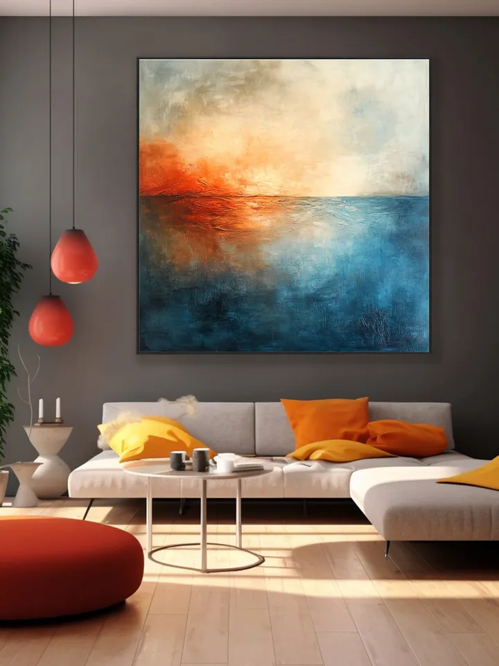 Hand-Painted Abstract Oil Painting | Modern Ocean Sunset Wall Art | Vibrant Orange and Blue Canvas Decor for Living Room and Office