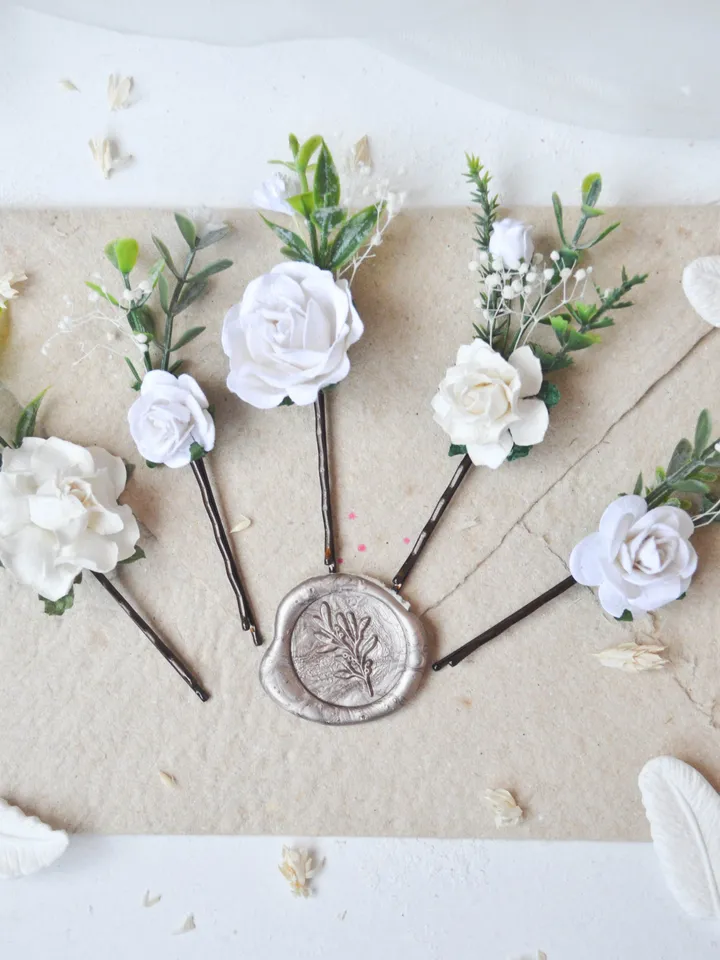 White hair clip, Wedding hair accessories, Bridal hair pins, Flower accessories