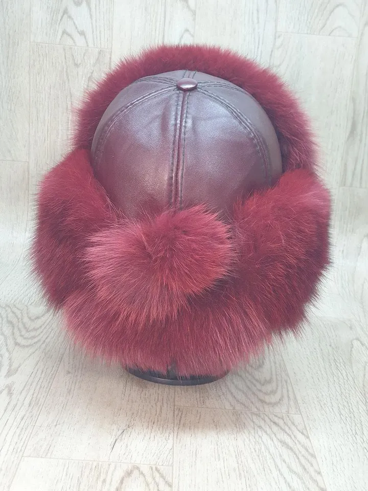 Women's Hat Zimushka from Fox. Fur hat from Natural Fur. Top of the Hat Genuine Leather. Winter hat. Handmade. Red hat made of arctic fur
