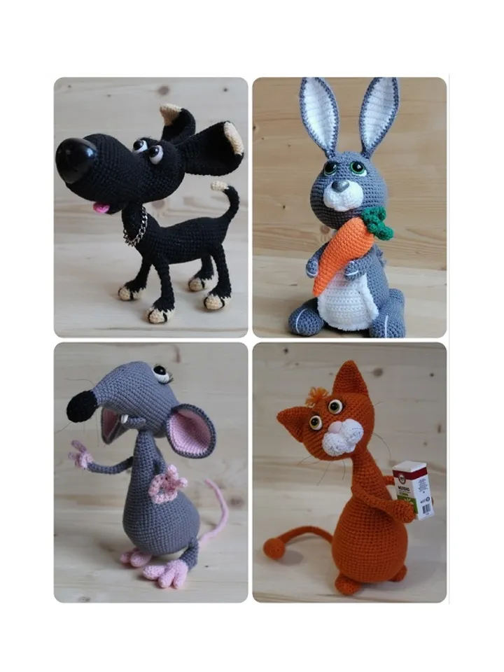 Crochet pattern 4 in 1: Cat, Dog, Rat and Bunny - digital patterns PDF format