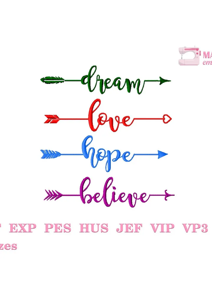 Arrow script font machine embroidery design, Lettering embroidery files, Valentine embroidery pattern, Love Hope Dream Believe #R11