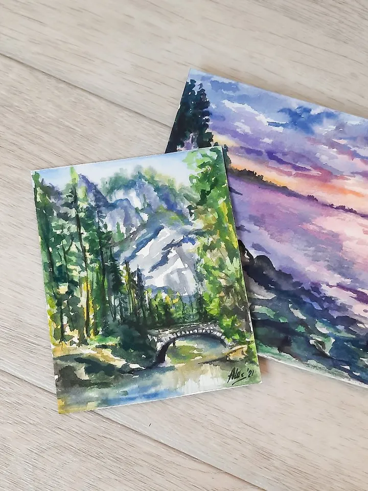 Bridge painting Original watercolor painting Mountain landscape Forest painting
