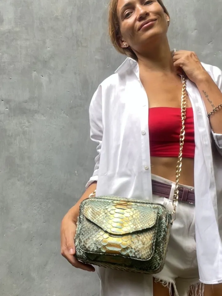 Genuine python skin crossbody blue sport bag with pocket | designer women leather handbag | snakeprint bag | crossbody purse | gift for her