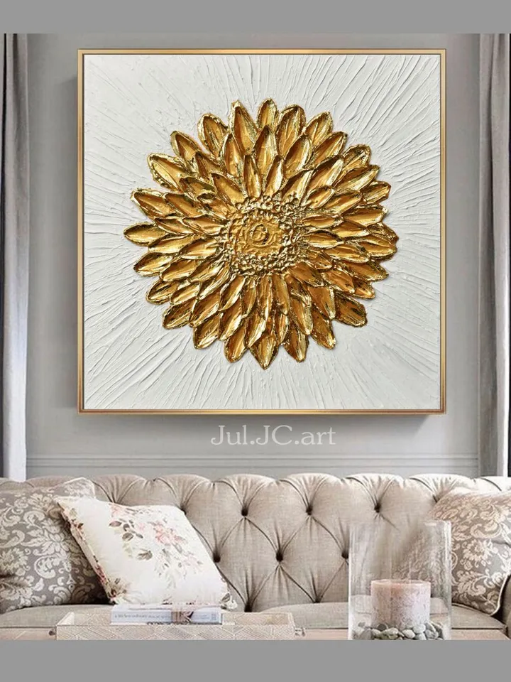 Golden Flower Abstract Wall Art Floral Original Painting Textured artwork Gold Leaf Wall Art Modern wall decor
