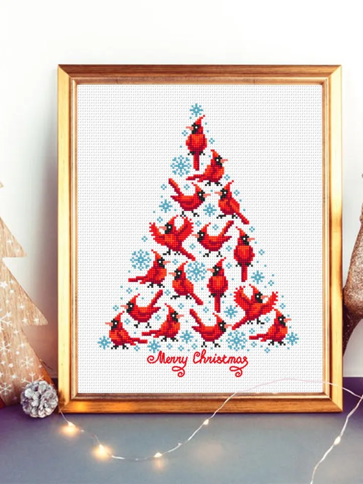 Christmas tree cardinal cross stitch pattern PDF download Red bird cross stitch chart, Christmas pattern digital, Cardinal embroidery #N163