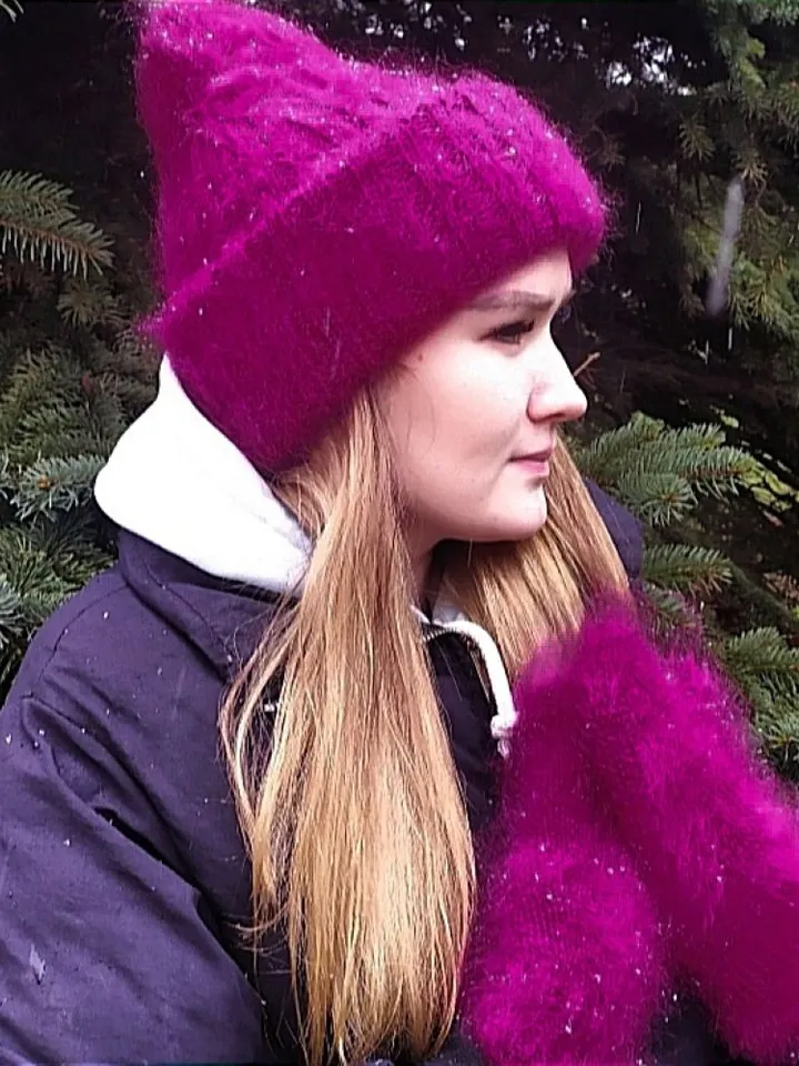 Warm fluffy winter hat and mittens