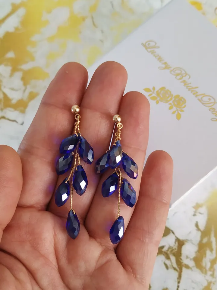 Boho Wedding Earrings, Gold Blue Drop Swarovski Crystal Wedding Earring For Bride, Chandelier Statement Wedding Jewelry Set, Bridesmaid Gift