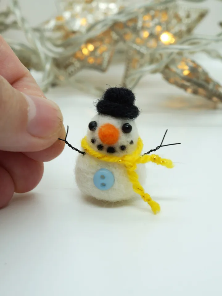 Miniature needle felted snowman in a yellow scarf, made to order
