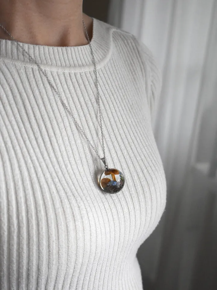 Mushroom necklace. Real Mushrooms pendant. Necklace with a forest composition. Moss, forget-me-not and snail in resin.