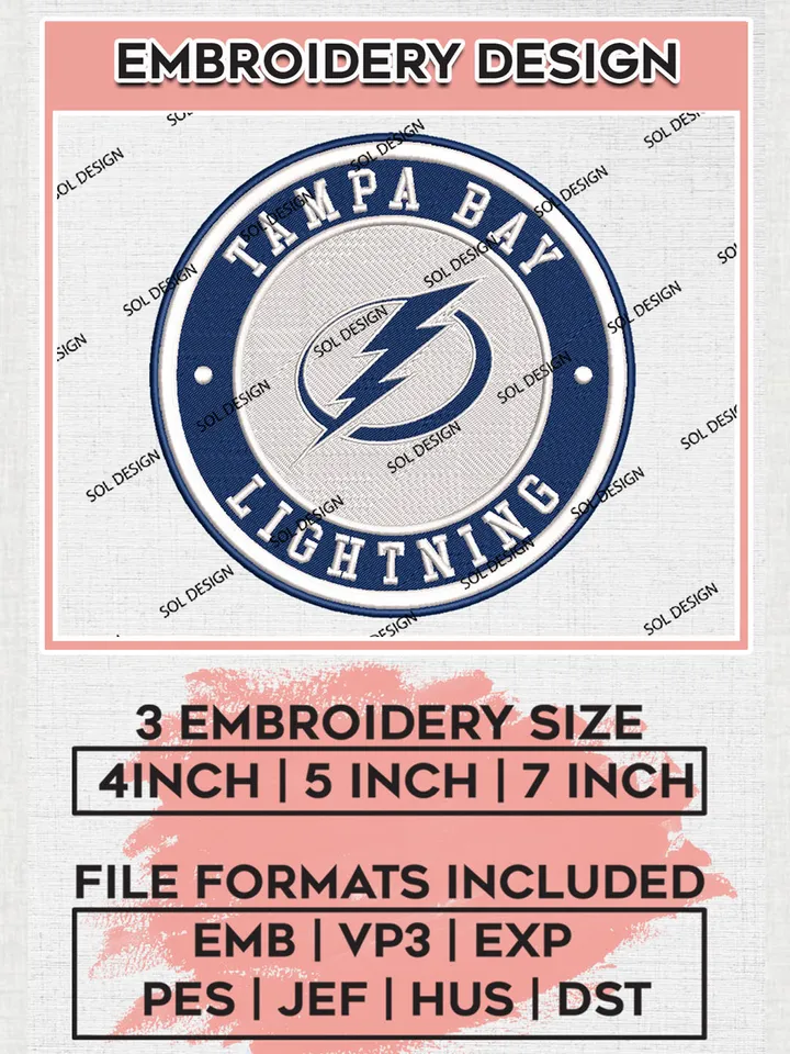 Tampa Bay Lightning Circle Logo Machine Embroidery Files, NHL Tampa Bay Lightning Embroidery Designs, NHL Lightning Logo, NHL Embroidery Designs, Digital Download