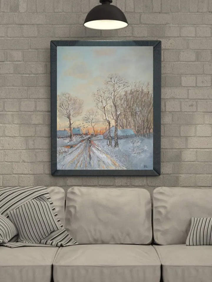 Landscape Oil Painting Last Snow, Thaw, Sunset Handmade Wall Art Reproduction 20x16 Inches