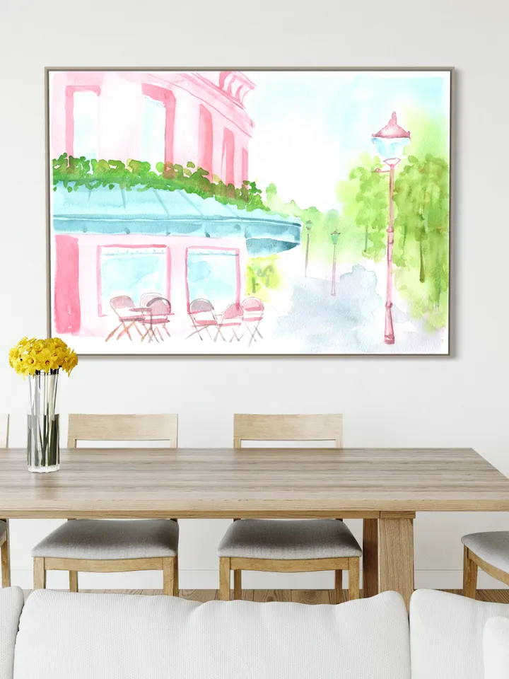 Pink Blue French Street Painting, French Watercolor, Pastel Pink Wall Art, Pink House Painting, Cityscape Watercolor, Gift For Her, Pink Art