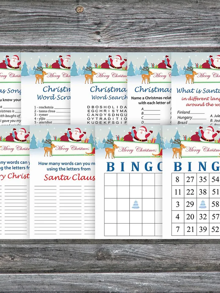 Christmas party games bundle,Printable Christmas Party Game Pack,Happy Santa and reindeer Christmas Trivia Game Cards