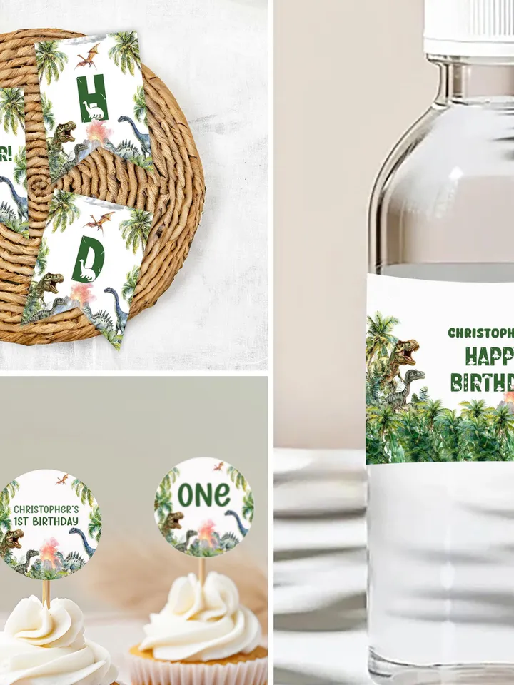 Dinosaur 1st Birthday Invitation Bundle, Dinosaur Birthday Invite, 1st Birthday Boy, Dino Party Decorations Printable, Dino Birthday - i100