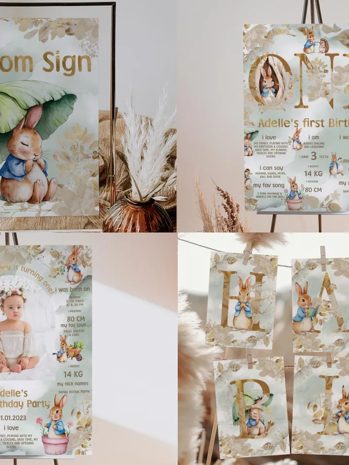 DIY Editable Baby Birthday Template large Bundle for Peter Rabbit party theme invitation banners labels milestone pr888