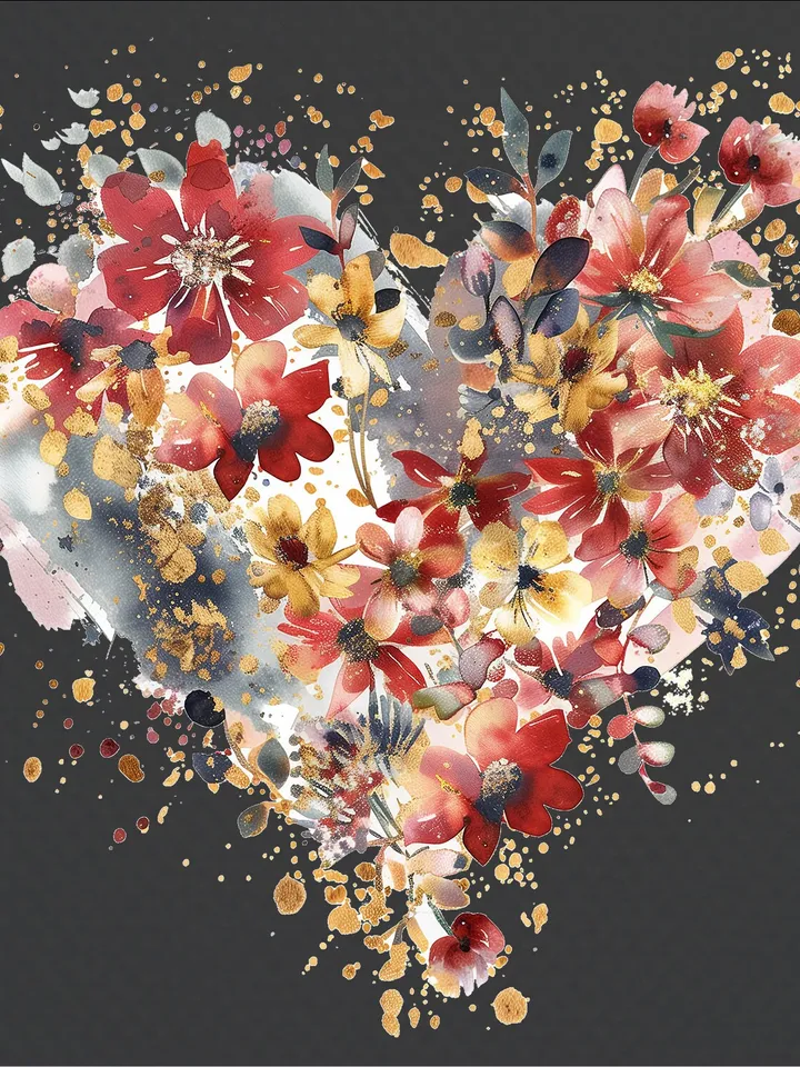 20 Floral Heart PNG Clipart, Watercolor clipart, Floral Heart sublimation, Golden Hear in flowers clip art, Digital download, junk journal