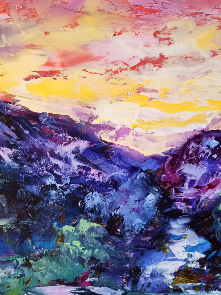 Mountains Waterfall Sunset Boat Original Art Oil Painting Artist Svinar Oksana