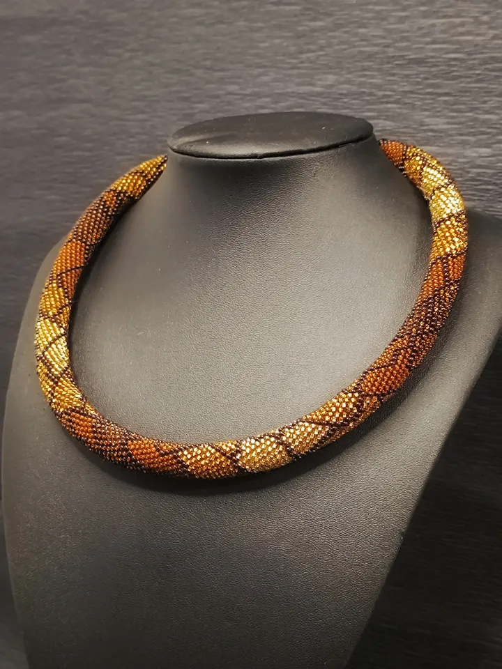 Golden Brown Beaded Bib Statement Necklace, Elegant Handmade Choker for Woman, Festive Original jewelry