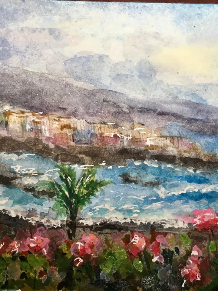 Tenerife,Canarias original watercolor panoramic painting,Teide mountain,Puerto de la Cruz beach,holiday islands memory,unique handmade gift.