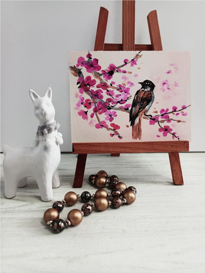 Painting "Sparrow and blossoming plum"/acrylic painting, cardboard 6x8". Author's handmade.