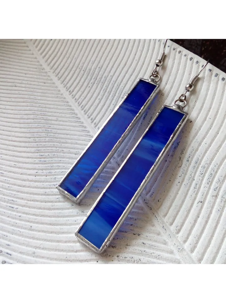 Glass blue geometric earrings, Simple Stained glass, rectangle earrings, Minimalist earrings, Dangle minimalism earrings