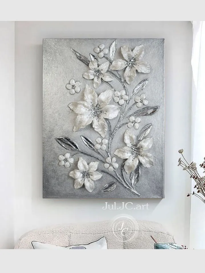 White Pearl Lilies Floral artwork | Silver Glittery Textured Flower Original Painting with Crystal