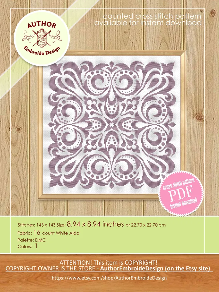 Square mandala cross stitch pattern PDF download Monochrome mandala embroidery PDF, Square ornament pattern for cross stitch pillow #M214