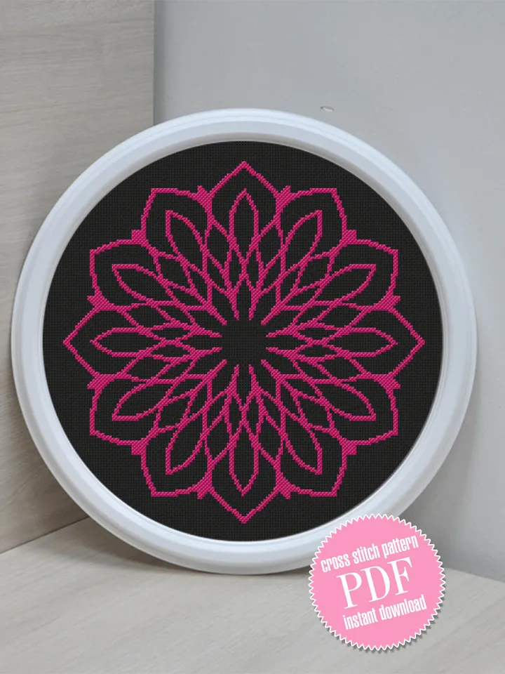 Mandala cross stitch pattern download PDF, Monochrome floral ornament cross stitch chart, Geometric pattern digital PDF, DIY Home decor #M45