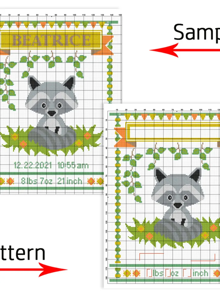 Baby Birth Announcement. Raccoon Cross Stitch Pattern. Baby Record Cross Stitch Pattern. DIY. Customizable New Baby.
