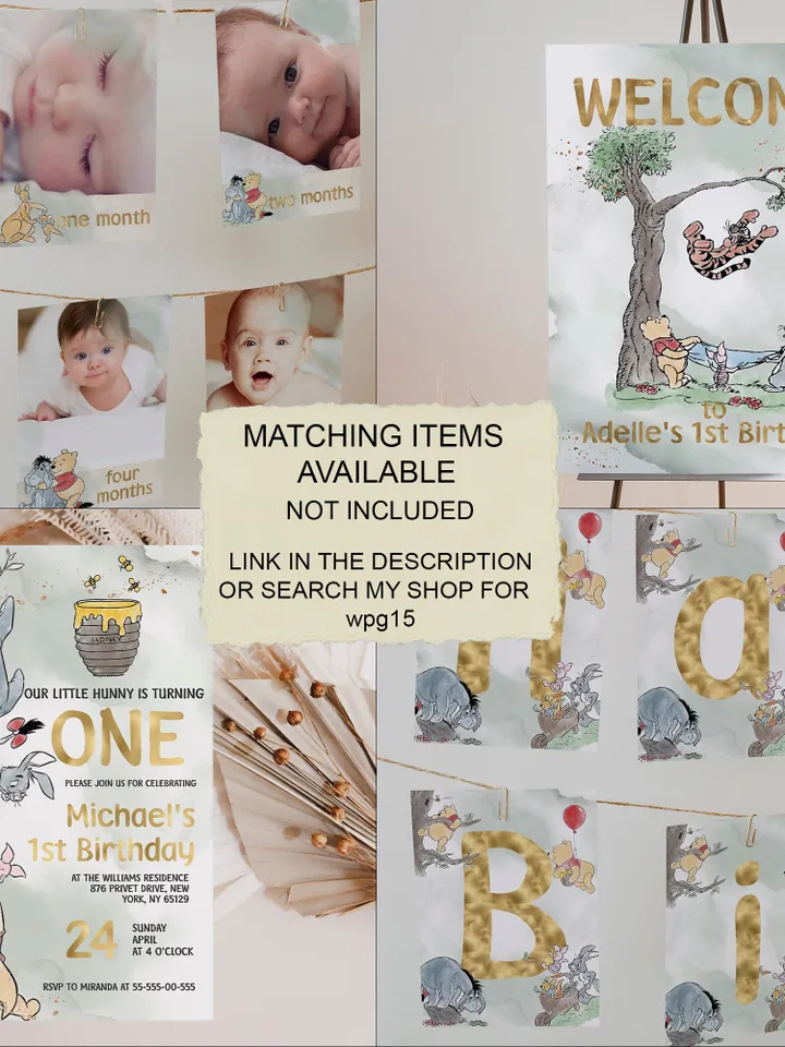 Milestone Board Winnie the Pooh Birthday Party; Winnie Pooh 1st Birthday; Editable Milestone ; Birthday Party Decoration Winnie Pooh Wpg15