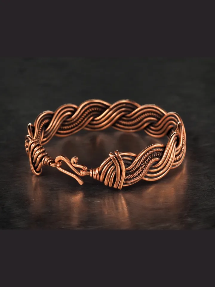 Wire wrapped bracelet, Unique 7th 22nd Anniversary gift idea, Art Nouveau antique style, One of kind braided statement bangle, Handmade oxidized pure copper jewelry, Pain relief, EMF protection