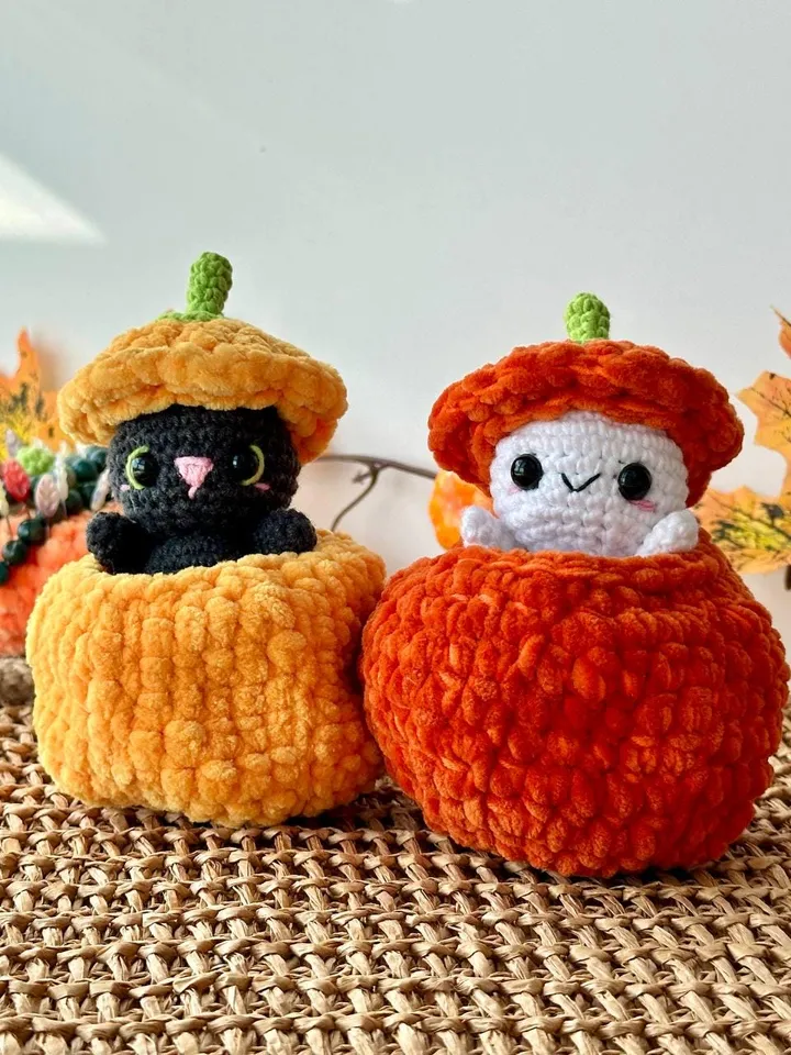 Crochet pattern black cat and ghost in pumpkin - Halloween Amigurumi toy pattern, Plush Pattern English, PDF tutorial - fall gift for baby
