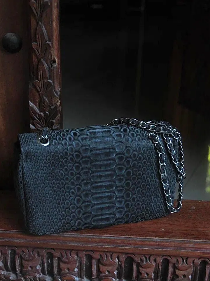 Genuine python skin adjustable chain crossbody black women classy MINI bag, classy evening bag, leather small grey bag, everyday purse