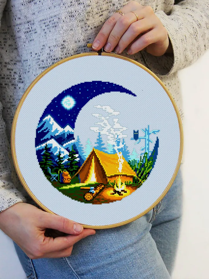 Camping cross stitch pattern download PDF Nature landscape cross stitch Campfire tent xstitch chart Adventure awaits Nature lover gift #L26