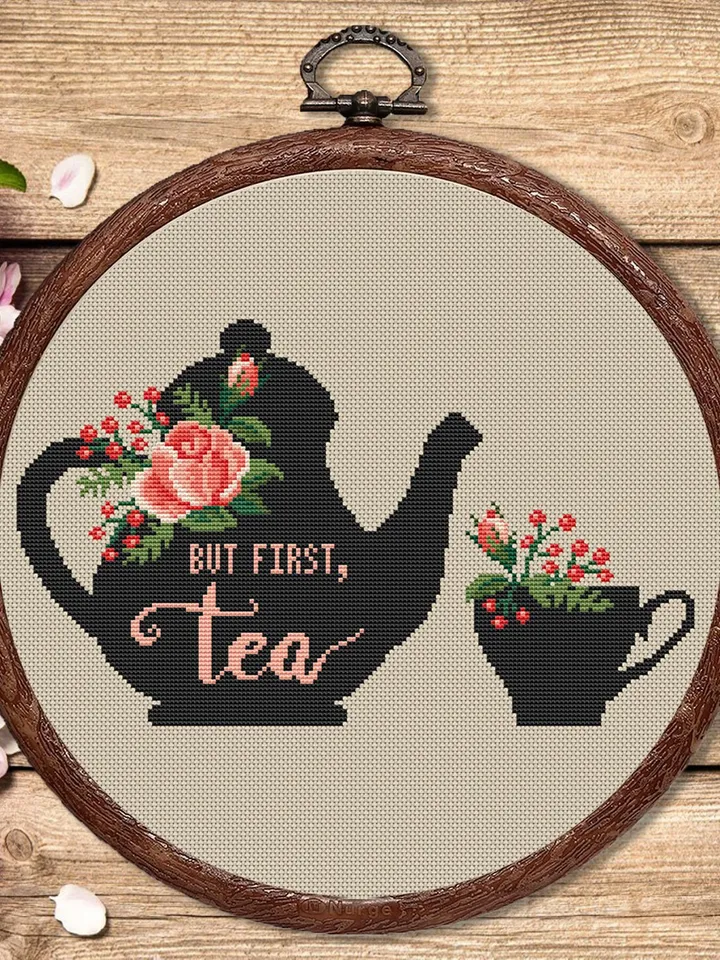But First Tea Cross Stitch Pattern, Kitchen Cross Stitch, Embroidery Tea, Cup of Tea Cross Stitch Pattern, Modern Cross Stitch #kt001