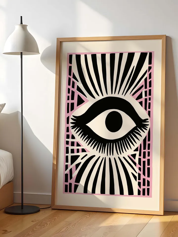 Eye Art Print Set, Bold Eye Poster, Pink Accent Graphic Print, Abstract Eye Wall Art, Minimal Eye Illustration, instant Digital Download
