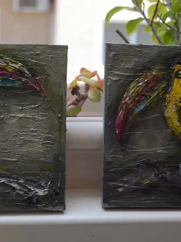 Parrots diptych ,original oil painting on stretched canvas, gift, home decoration,exotic birds painting,small painting wedding gift.