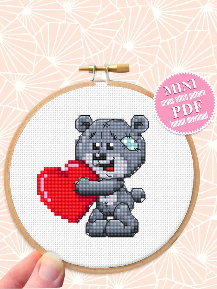 Small Valentine cross stitch pattern download PDF Cute bear cross stitch, Mini cross stitch chart, Easy beginner embroidery PDF #V19
